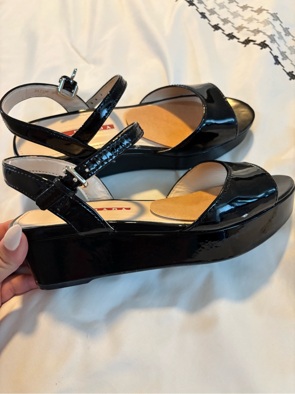 Black Prada Patent Leather Strap Open-Toe Heels